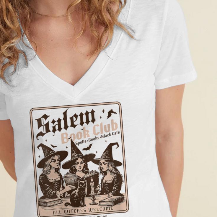 Salem Book Club Bookish Halloween Retro Salem Witch Book Women's Jersey Short Sleeve Deep V-Neck Tshirt