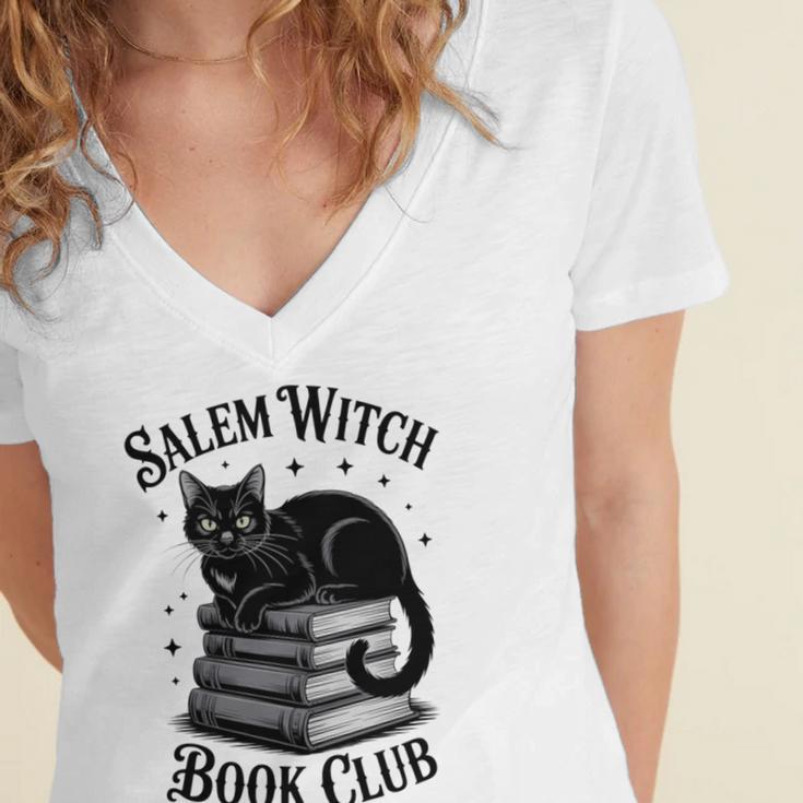 Salem Witch Book Club Bookish Halloween Cat Women Women's Jersey Short Sleeve Deep V-Neck Tshirt