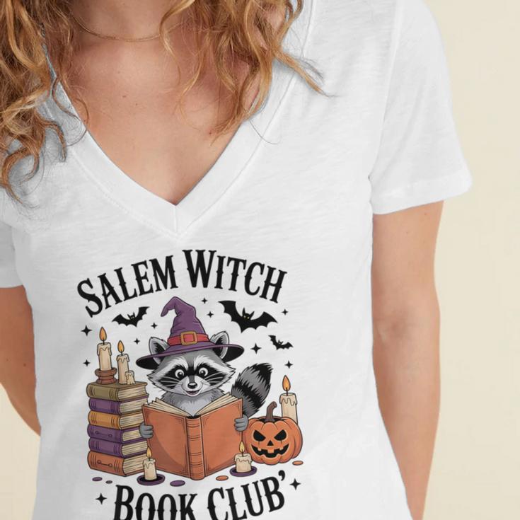 Salem WItch Book Club Halloween Raccoon Witch Reading Book Women's Jersey Short Sleeve Deep V-Neck Tshirt Salem WItch Book Club Halloween Raccoon Witch Reading Book Women's Jersey Short Sleeve Deep V-Neck Tshirt