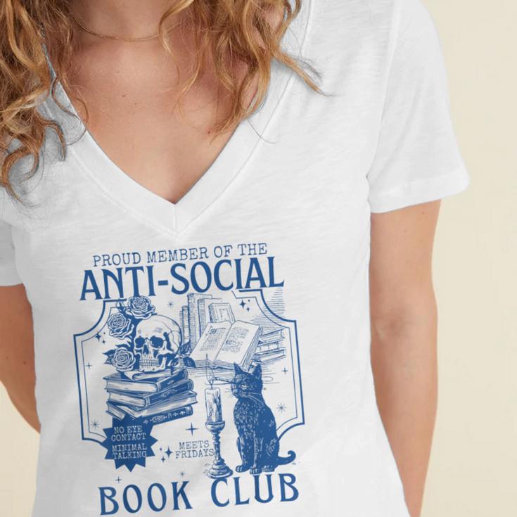 Sarcastic Anti Social Book Club Cat Skull Book Lover Women's Jersey Short Sleeve Deep V-Neck Tshirt