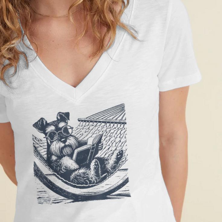 Schnauzer Hammock Reading Book Schnauzer Glasses Women's Jersey Short Sleeve Deep V-Neck Tshirt