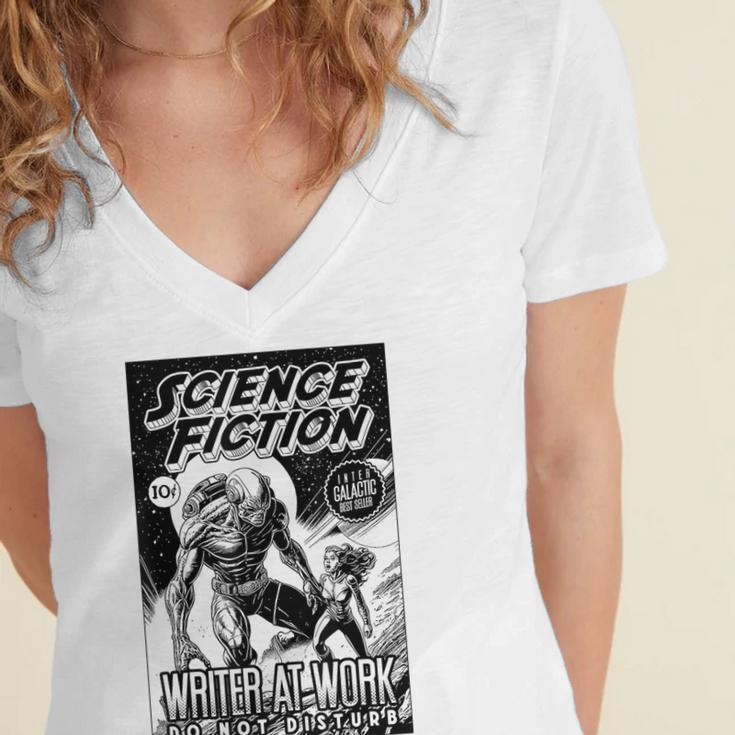 Science Fiction Writer At Work Vintage Book Cover Women's Jersey Short Sleeve Deep V-Neck Tshirt