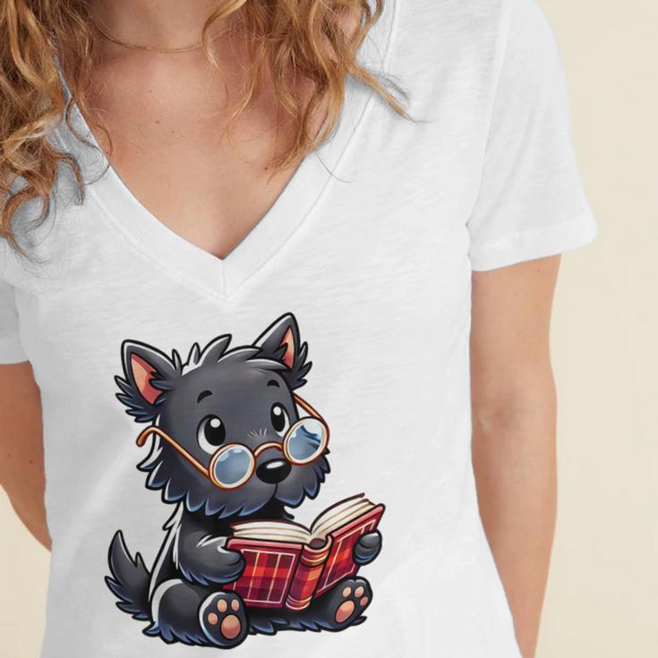 Scottish Terrier Reading a Book Dog Women's Jersey Short Sleeve Deep V-Neck Tshirt