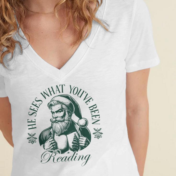 He Sees What You'Ve Been Reading Bookish Christmas Women's Jersey Short Sleeve Deep V-Neck Tshirt
