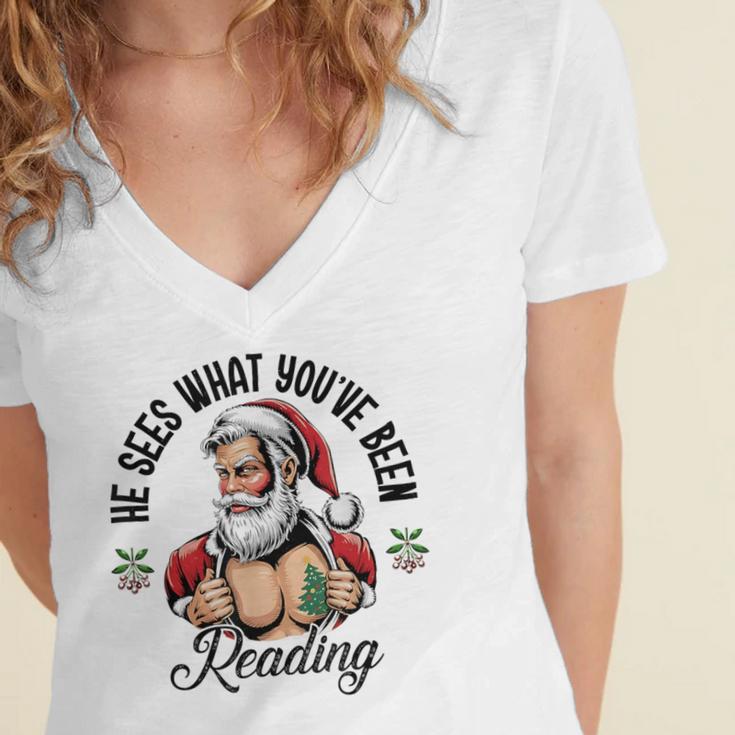He Sees What You'Ve Been Reading Santa Xmas Book Lover Women's Jersey Short Sleeve Deep V-Neck Tshirt