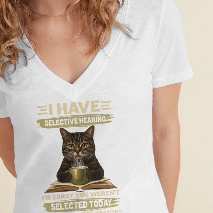 i Have Selective Hearing Cat Coffee Books Retro Women's Jersey Short Sleeve Deep V-Neck Tshirt