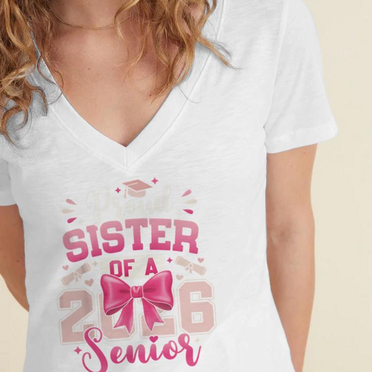 Senior 2026 Class Of 26 Coquette Pink Bow Graduation Sister Women's Jersey Short Sleeve Deep V-Neck Tshirt