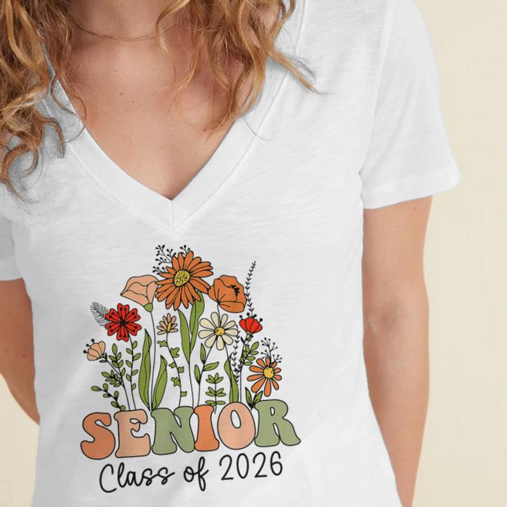 Senior 2026 Graduate Class Of 2026 Wildflowers Graduation Women's Jersey Short Sleeve Deep V-Neck Tshirt