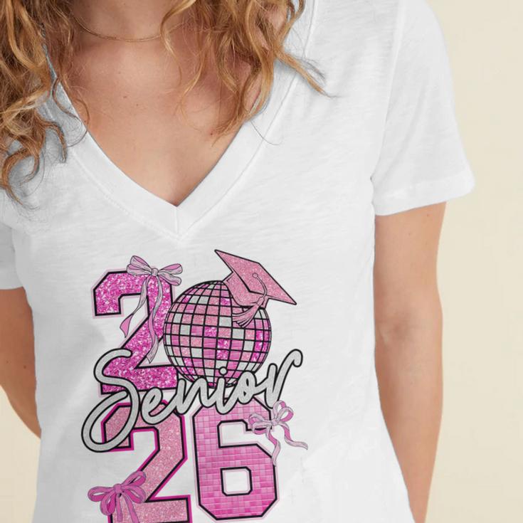 Senior 2026 Graduation Girls Coquette Pink Bow Class Of 2026 Premium Women's Jersey Short Sleeve Deep V-Neck Tshirt