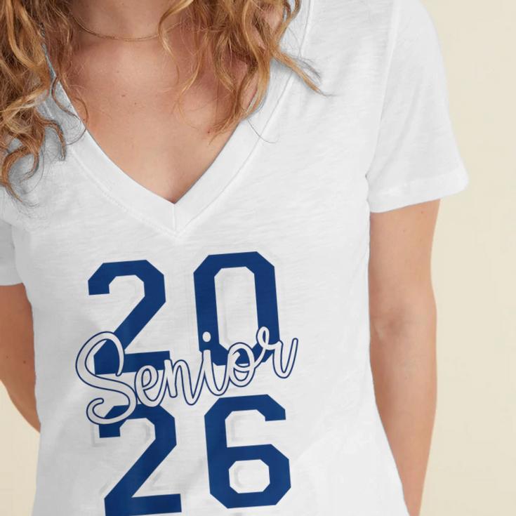 Senior 2026 Graduation Varsity Navy Blue On The Back Women's Jersey Short Sleeve Deep V-Neck Tshirt