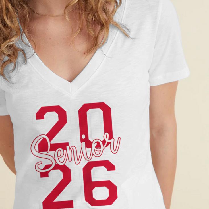 Senior 2026 Graduation Varsity Red Letters On The Back Women's Jersey Short Sleeve Deep V-Neck Tshirt