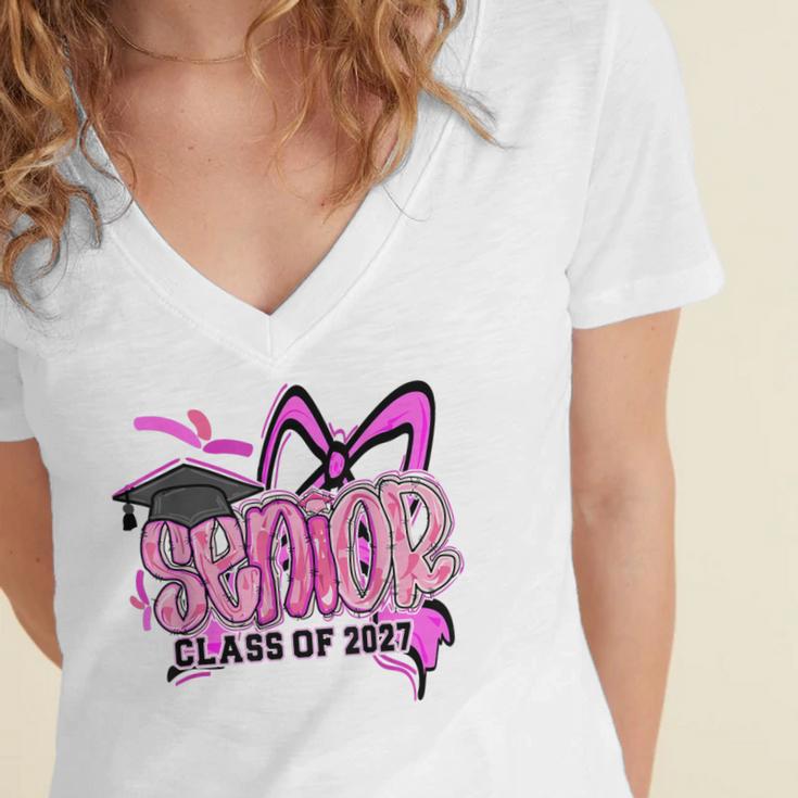 Senior 2027 Class Of 2027 Coquette Girl Pink Graduation 2027 Women's Jersey Short Sleeve Deep V-Neck Tshirt