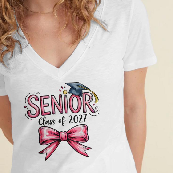 Senior Class Of 2027 Coquette Pink Bow Graduation 2027 Girls Women's Jersey Short Sleeve Deep V-Neck Tshirt