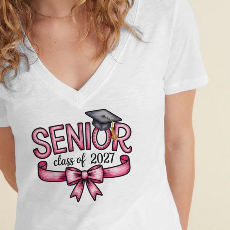 Senior Class Of 2027 Coquette Pink Bow Graduation 2027 Women Women's Jersey Short Sleeve Deep V-Neck Tshirt