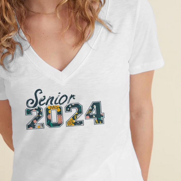 Senior Graduation Class Of 2024 Cute Senior 2024 Flowers Women's Jersey Short Sleeve Deep V-Neck Tshirt