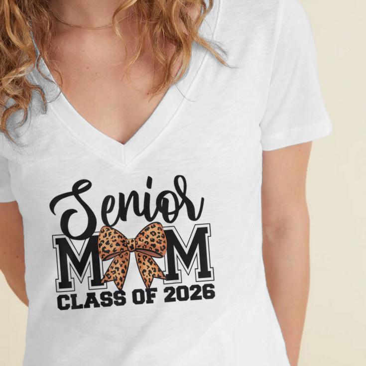 Senior Mom Class Of 2026 Graduation Leopard Coquette Bow Women's Jersey Short Sleeve Deep V-Neck Tshirt