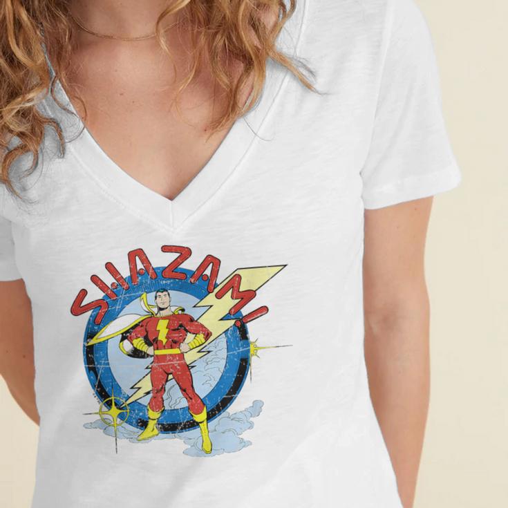 Shazam Comic Book Art Heroic Portrait Vintage Women's Jersey Short Sleeve Deep V-Neck Tshirt