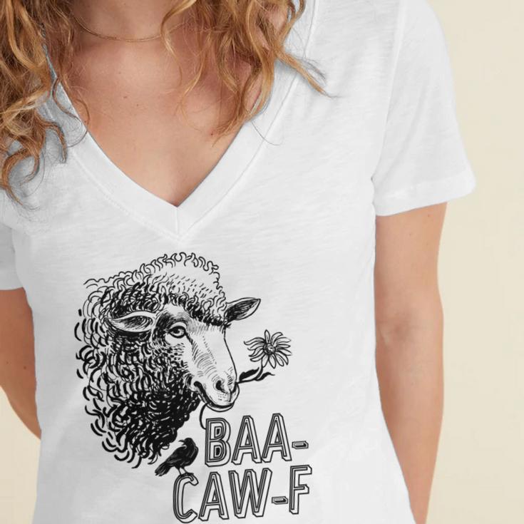 Sheep Baa Crow Caw Back Off Pun Tee For Introverts & Teens Women's Jersey Short Sleeve Deep V-Neck Tshirt Sheep Baa Crow Caw Back Off Pun Tee For Introverts & Teens Women's Jersey Short Sleeve Deep V-Neck Tshirt