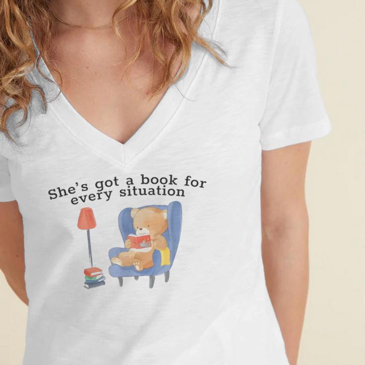 She's Got A Book For Every Situation Women's Jersey Short Sleeve Deep V-Neck Tshirt