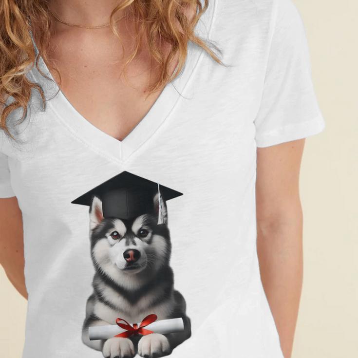 Siberian Husky Dog Graduation Cap Training School Graduate Men Women Kids Women's Jersey Short Sleeve Deep V-Neck Tshirt