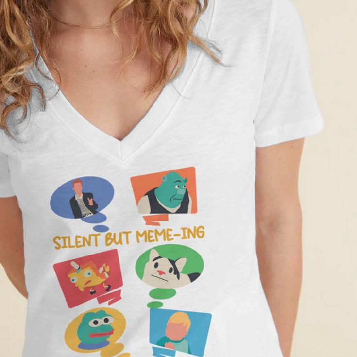 Silent But Meme-Ing Introvert Anti People Antisocial Quiet Women's Jersey Short Sleeve Deep V-Neck Tshirt