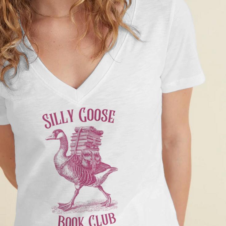 Silly Goose Book Club Women's Jersey Short Sleeve Deep V-Neck Tshirt