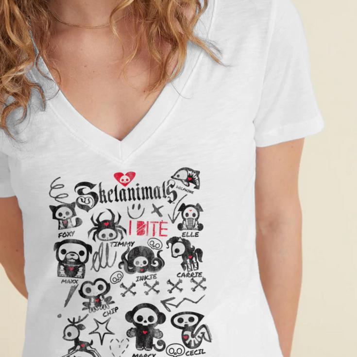 Skelanimals I Bite Vintage Retro Dead Pet Textbook Collage Women's Jersey Short Sleeve Deep V-Neck Tshirt