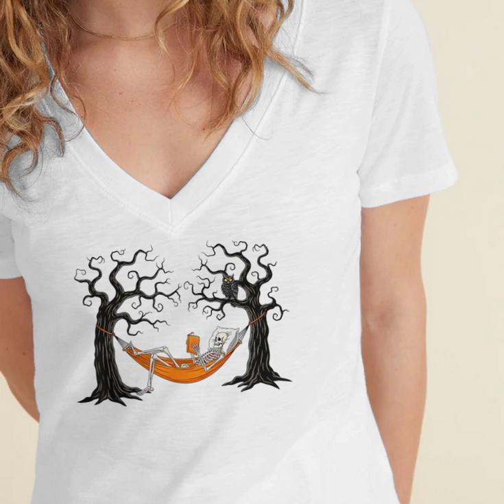 Skeleton Reading Book In Hammock Halloween Reader Women's Jersey Short Sleeve Deep V-Neck Tshirt
