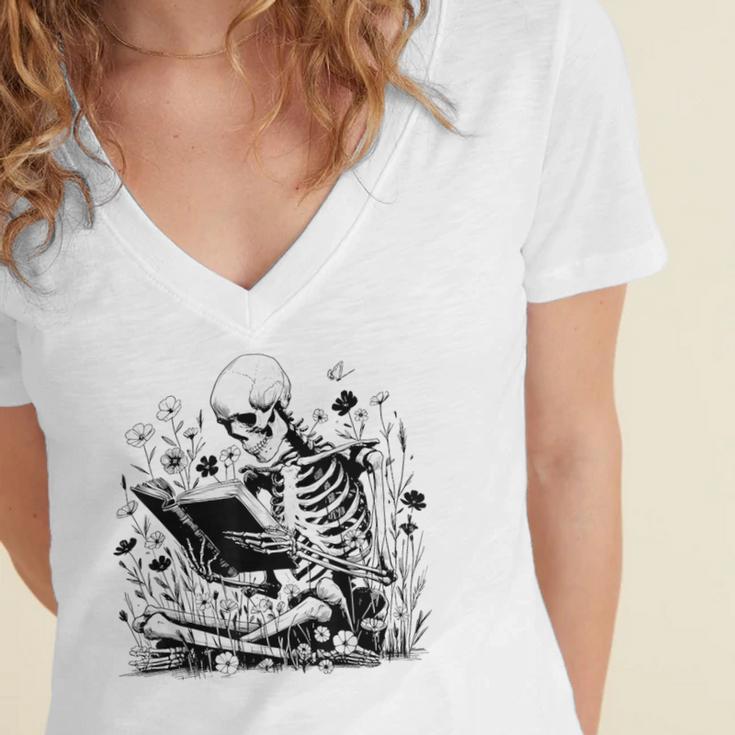 Skeleton Skull Halloween Book Reading Books Lover Teacher Women's Jersey Short Sleeve Deep V-Neck Tshirt Skeleton Skull Halloween Book Reading Books Lover Teacher Women's Jersey Short Sleeve Deep V-Neck Tshirt