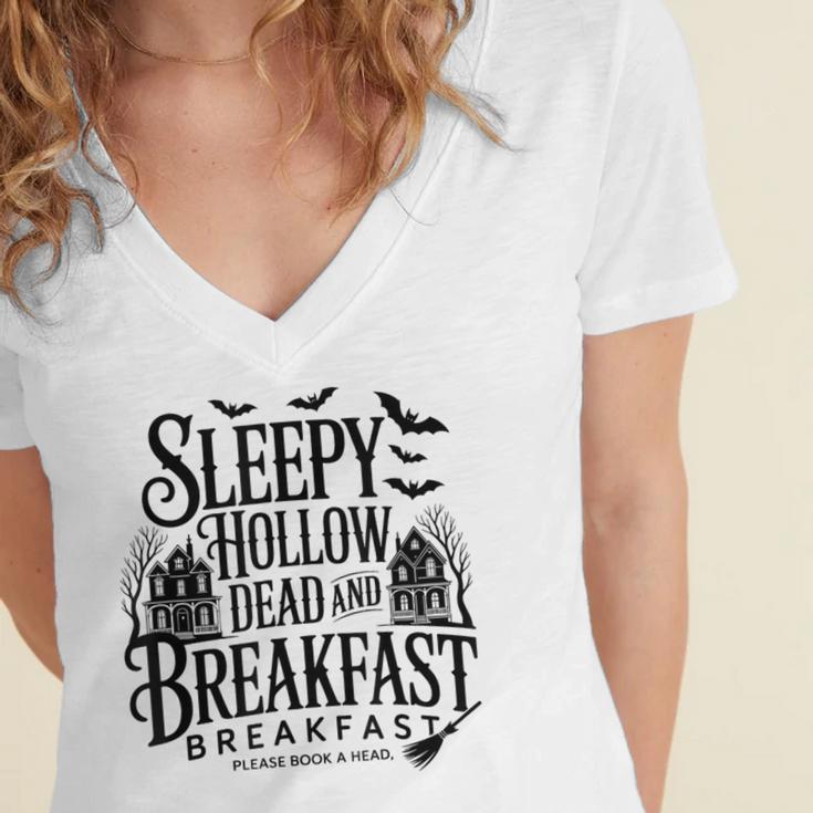 Sleepy Hollow Dead And Breakfast Please Book Ahead Women's Jersey Short Sleeve Deep V-Neck Tshirt