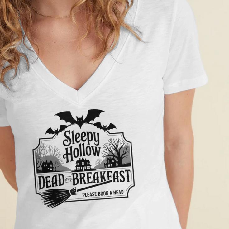Sleepy Hollow Dead And Breakfast Please Book A Head Women's Jersey Short Sleeve Deep V-Neck Tshirt