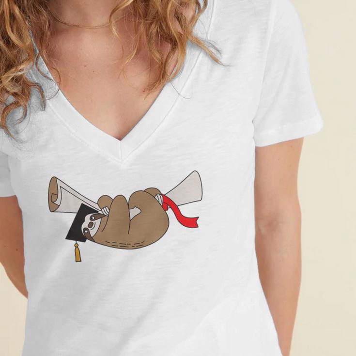 Sloth Graduation Shirt Cute Animal Diploma Grad Women's Jersey Short Sleeve Deep V-Neck Tshirt
