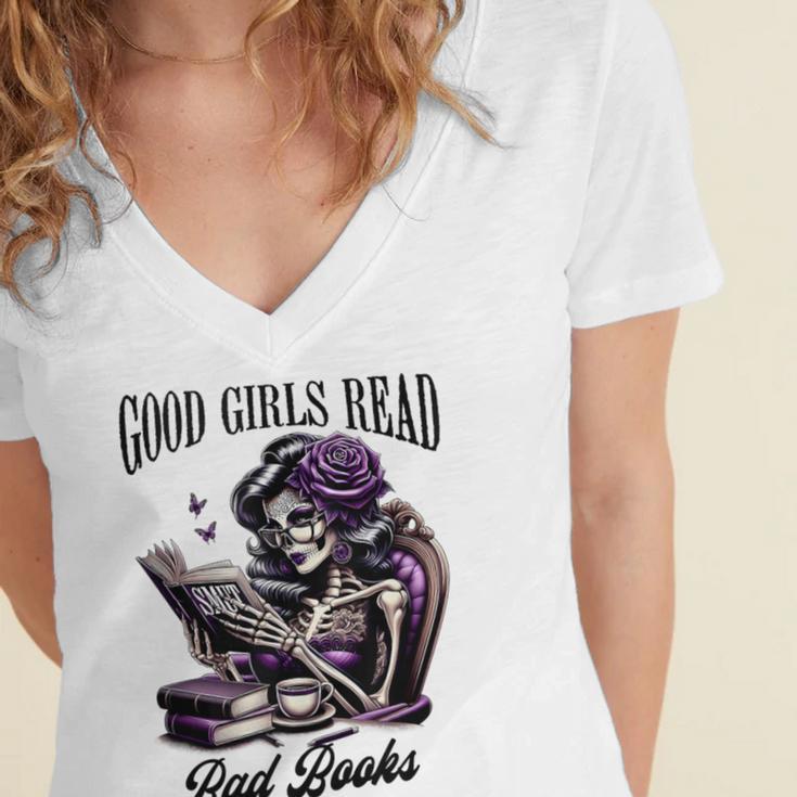 Smut Book Reading Smutty Good That Girls Read Bad Books Women's Jersey Short Sleeve Deep V-Neck Tshirt Smut Book Reading Smutty Good That Girls Read Bad Books Women's Jersey Short Sleeve Deep V-Neck Tshirt