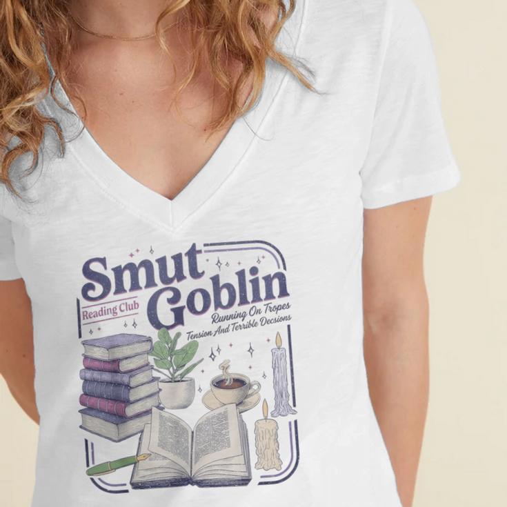 Smut Goblin Reading Club Book Lover Dark Academia Women's Jersey Short Sleeve Deep V-Neck Tshirt