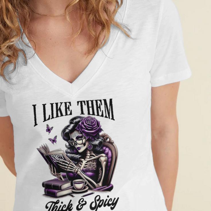 Smut Reader Spicy Book Romance I Like Them Thick & Spicy Women's Jersey Short Sleeve Deep V-Neck Tshirt
