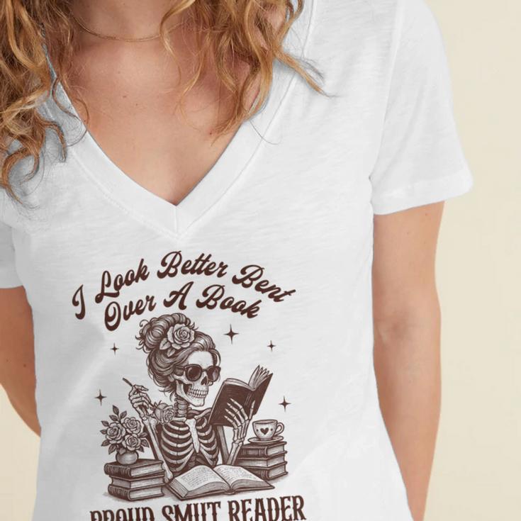 Smut Reader Spicy Romance Look Better Bent That Over A Book Women's Jersey Short Sleeve Deep V-Neck Tshirt Smut Reader Spicy Romance Look Better Bent That Over A Book Women's Jersey Short Sleeve Deep V-Neck Tshirt
