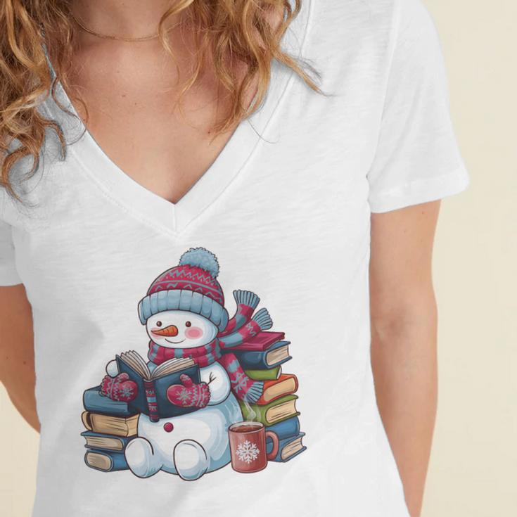 Snowman Reading Book Lovers Christmas Bookworm Librarian Women's Jersey Short Sleeve Deep V-Neck Tshirt