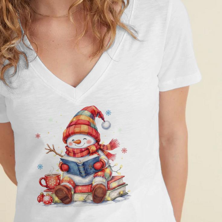 Snowman Reading Books Lovers Christmas Librarian Bookworm Women's Jersey Short Sleeve Deep V-Neck Tshirt