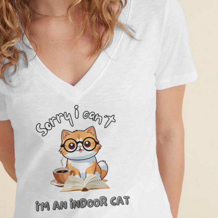 Sorry I Can't Indoor Cat Top For Introvert With Coffee Book Women's Jersey Short Sleeve Deep V-Neck Tshirt Sorry I Can't Indoor Cat Top For Introvert With Coffee Book Women's Jersey Short Sleeve Deep V-Neck Tshirt