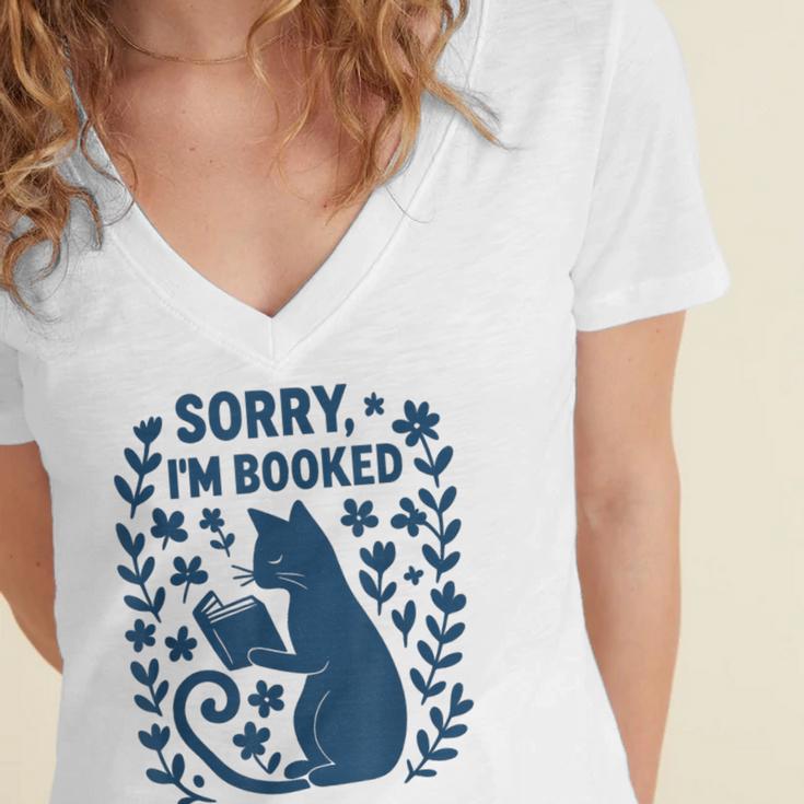 Sorry I'm Booked Cat Reading Book Boho Flowers Vintage Women's Jersey Short Sleeve Deep V-Neck Tshirt