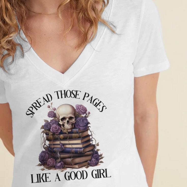 Spread Those Pages Like A Good Girl Dark Romance Spicy Books Women's Jersey Short Sleeve Deep V-Neck Tshirt Spread Those Pages Like A Good Girl Dark Romance Spicy Books Women's Jersey Short Sleeve Deep V-Neck Tshirt