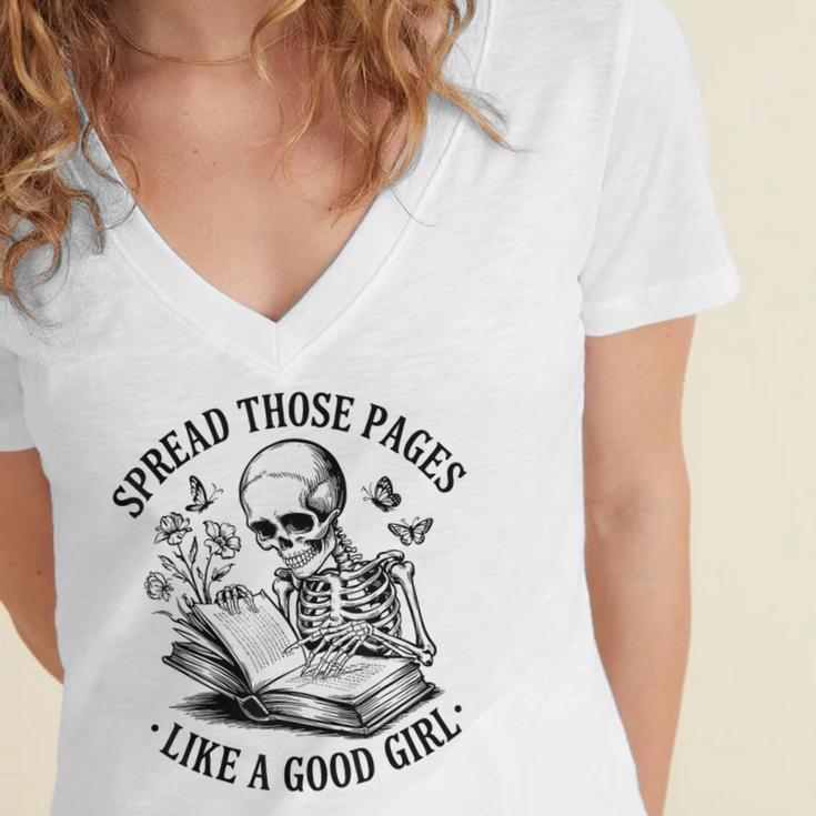 Spread Those Pages Like A Good Girl Skeleton Floral Book Women's Jersey Short Sleeve Deep V-Neck Tshirt Spread Those Pages Like A Good Girl Skeleton Floral Book Women's Jersey Short Sleeve Deep V-Neck Tshirt