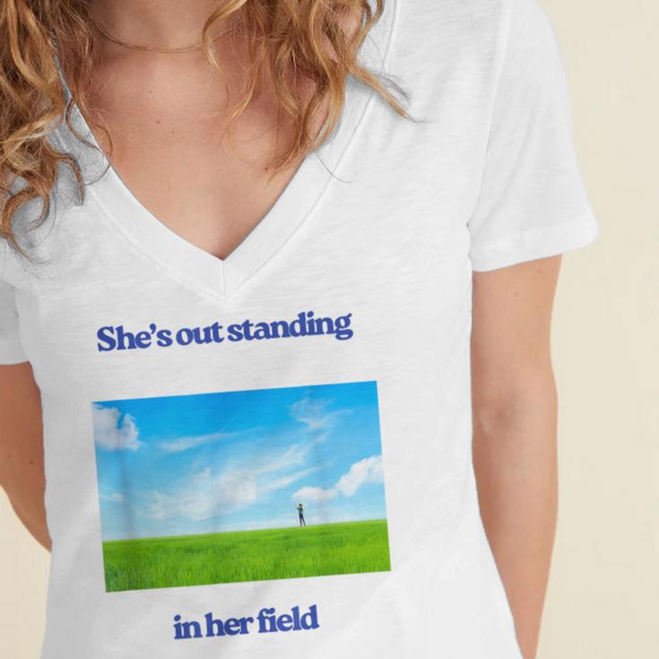 Out Standing In Her Field Graduation Tee Women's Jersey Short Sleeve Deep V-Neck Tshirt