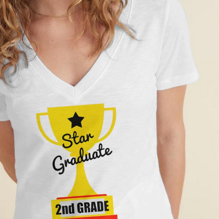 Star Graduate Second Grade Graduation Trophy Cup Women's Jersey Short Sleeve Deep V-Neck Tshirt