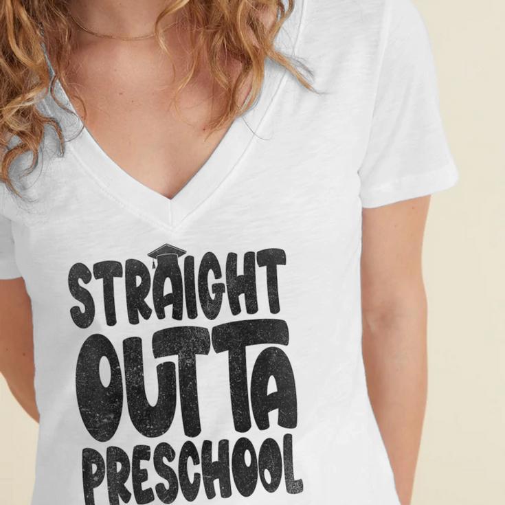 Straight Outta Preschool Graduation Cap Gown 2022 Cute Women's Jersey Short Sleeve Deep V-Neck Tshirt