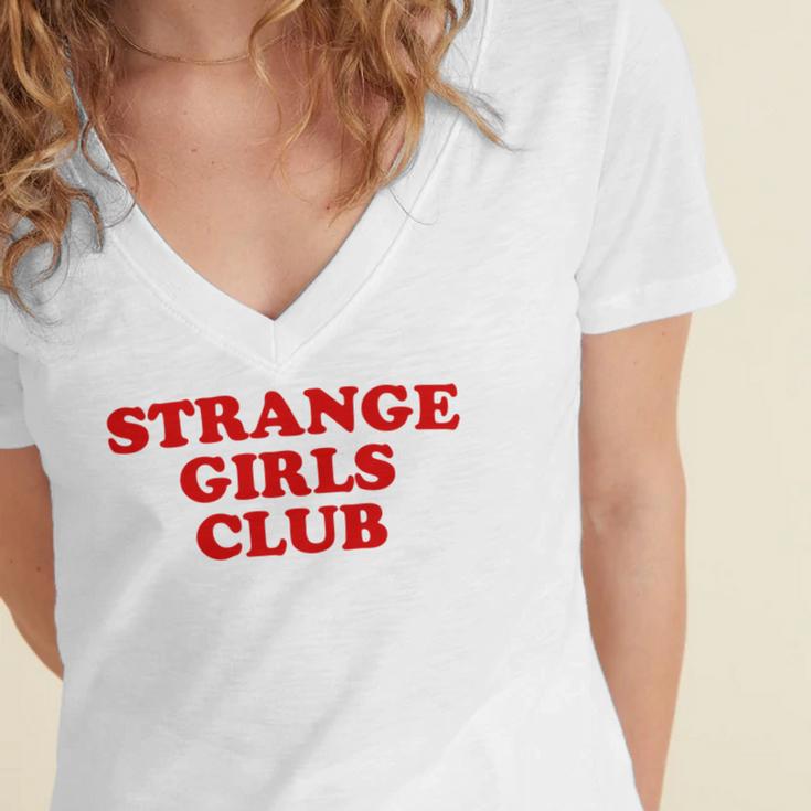Strange Girls Club Weird Antisocial Introvert Humor Women's Jersey Short Sleeve Deep V-Neck Tshirt