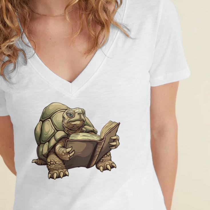 Sulcata Tortoise Reading A Book Women's Jersey Short Sleeve Deep V-Neck Tshirt Sulcata Tortoise Reading A Book Women's Jersey Short Sleeve Deep V-Neck Tshirt