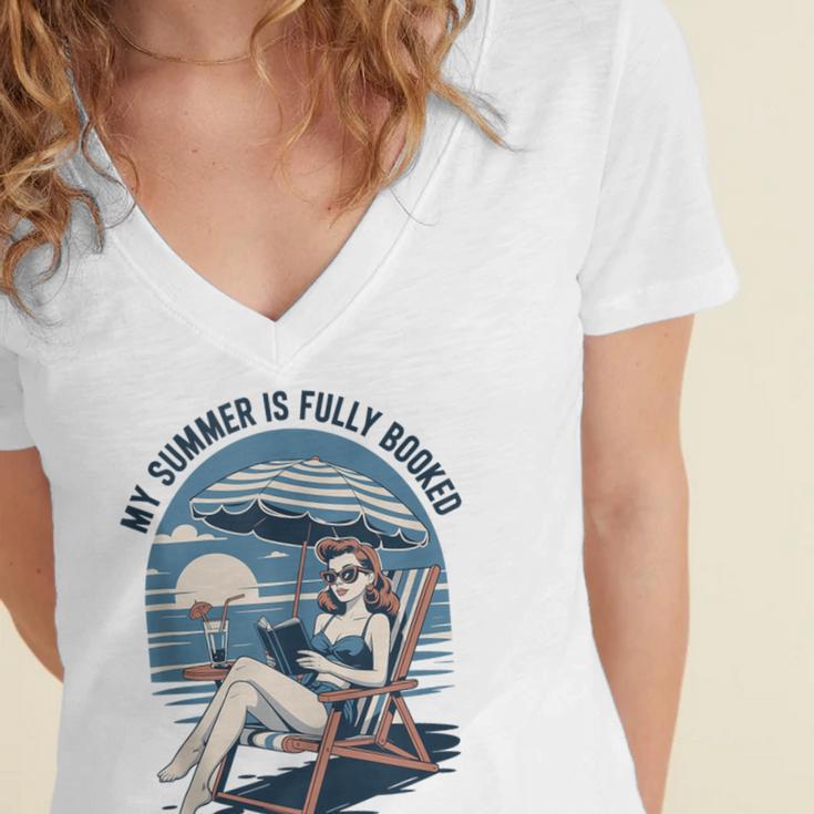 My Summer Is Fully Booked Fun Girls Summer Book Lovers Women's Jersey Short Sleeve Deep V-Neck Tshirt