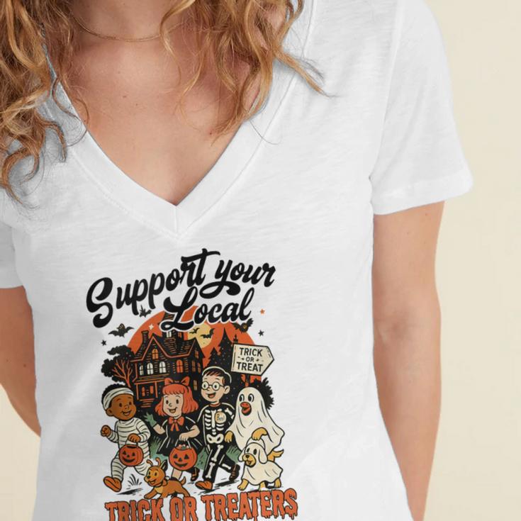 Support Your Local Trick Or Treaters Retro Spooky Nostalgia Women's Jersey Short Sleeve Deep V-Neck Tshirt Support Your Local Trick Or Treaters Retro Spooky Nostalgia Women's Jersey Short Sleeve Deep V-Neck Tshirt