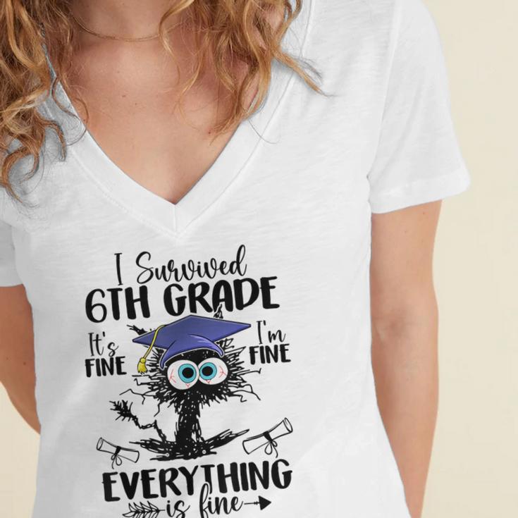 I Survived 6th Grade Graduated Cat Graduation For Men Women Girls Kids Women's Jersey Short Sleeve Deep V-Neck Tshirt